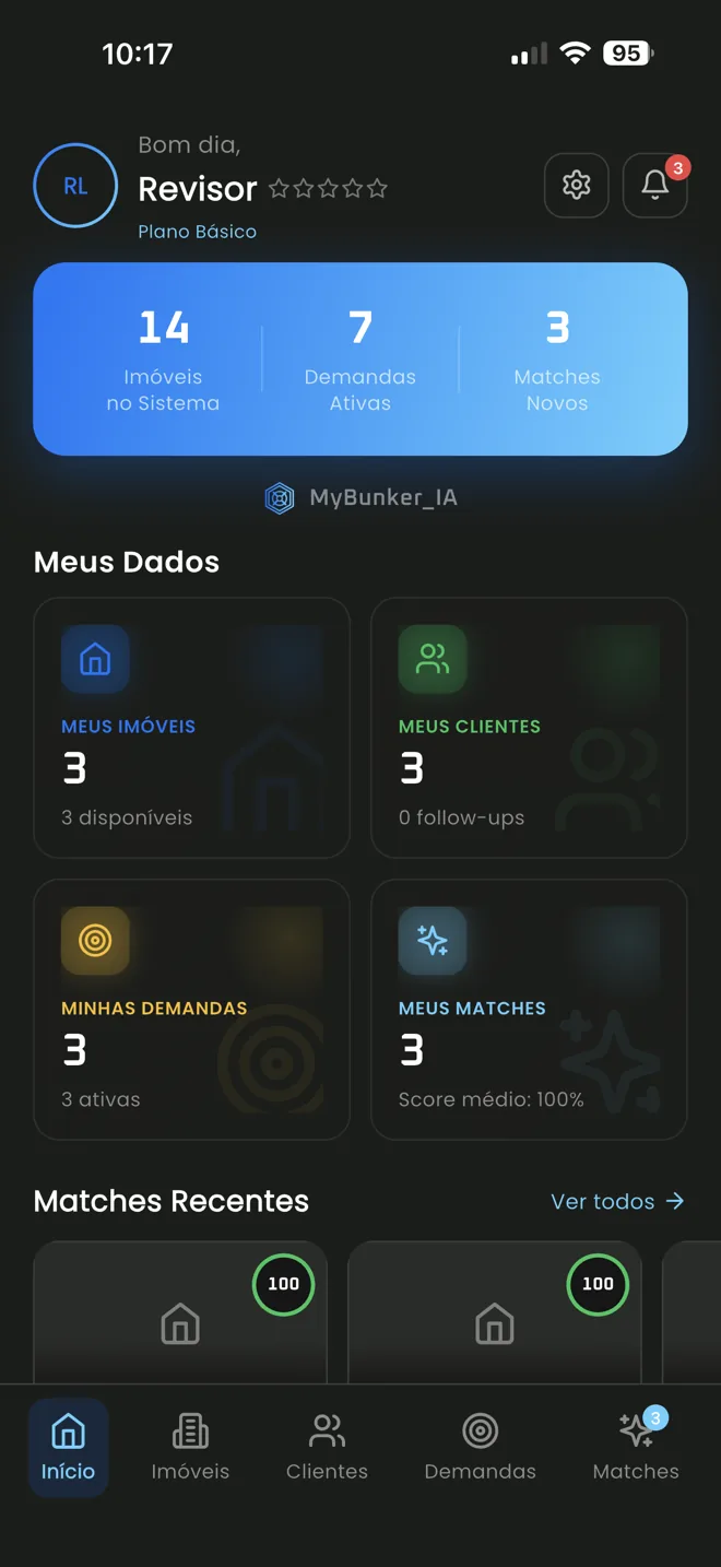 Tela inicial do MyBunker_IA — dashboard com matches, imóveis e clientes