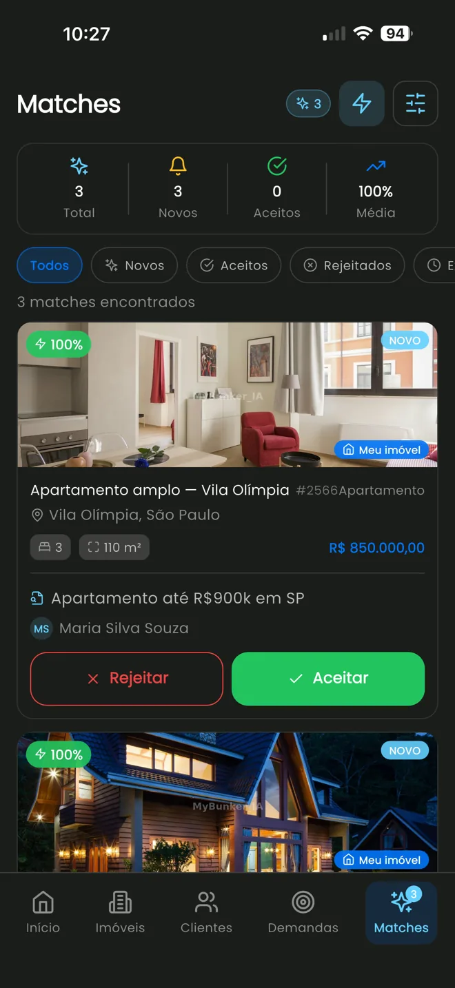 Tela de matches do MyBunker_IA mostrando compatibilidades ordenadas por score