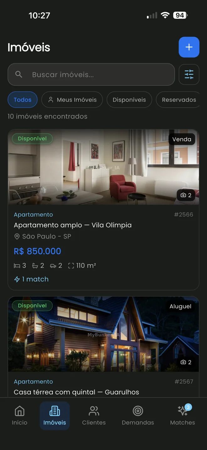 Tela de detalhes de imóvel com fotos, características e ações